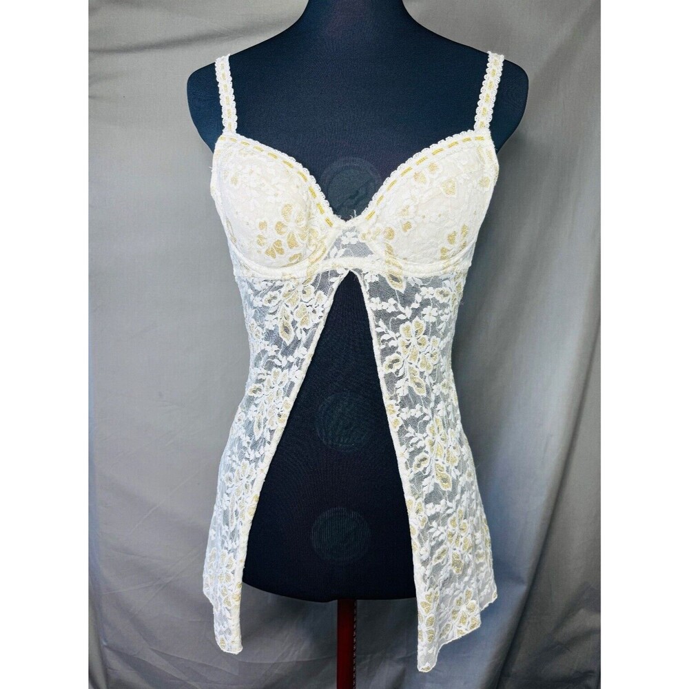 Y2K 2000s Vintage Rampage Lingerie Gold White Cream Lace Flowers Babydoll SM EUC